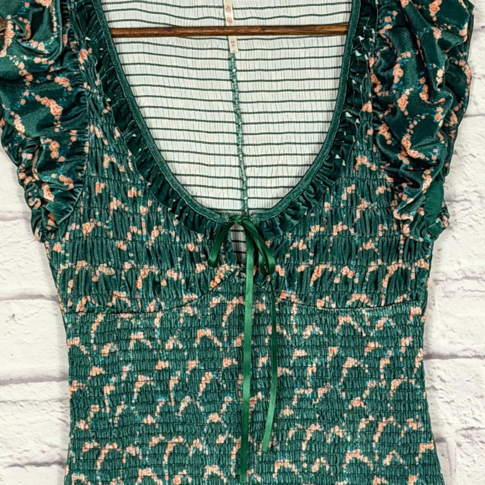 Free People Green Smocked Midi Dress Ruffle Sleeve Floral Bodycon Boho - Picture 4 of 11